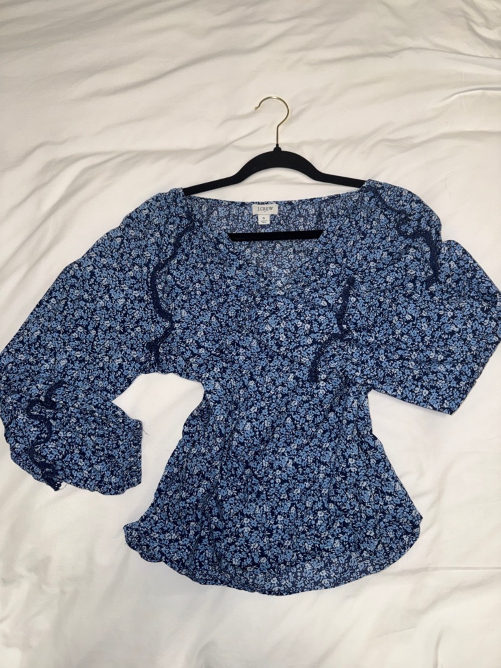 J. Crew Navy and Light Blue Floral Puff-Sleeve Blouse